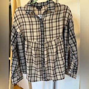 Heyson Brown, Cream and Black Plaid Button-Up Peplum Shirt New